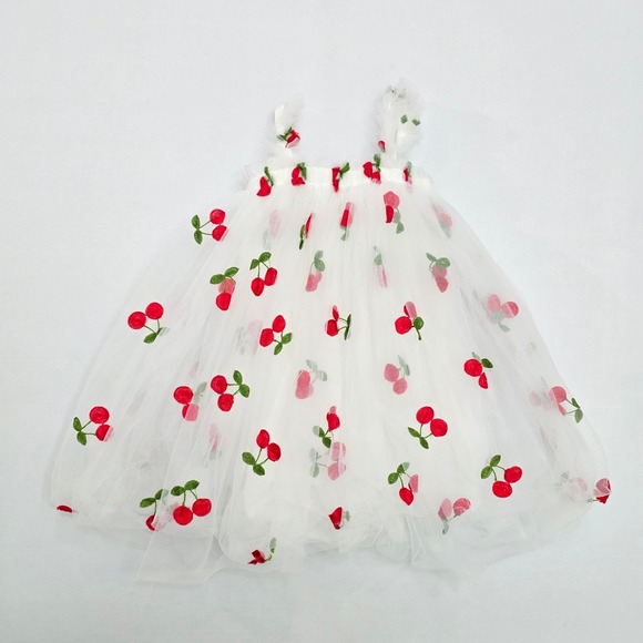 Lola + The Boys Girls White Cherry Embroidered Tulle Ruffle Dress Size 6 - Picture 3 of 11